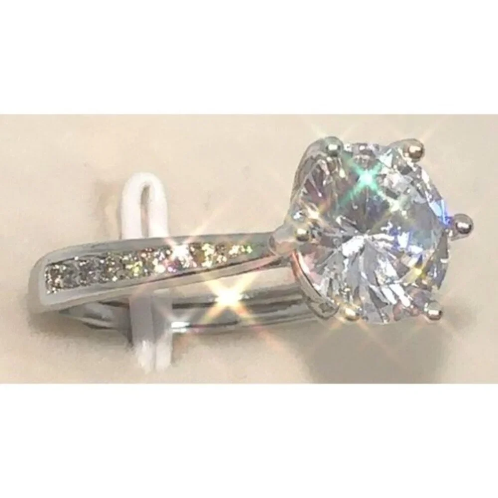 Silver Ring Diamond Simulant Wedding Adjustable Size 6 to 8